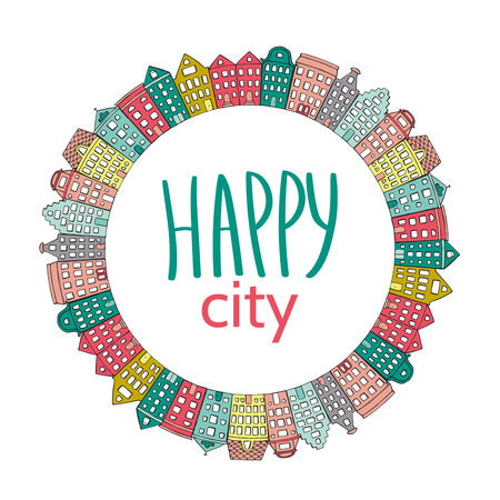 Vector round frame with cute hand drawn houses. Green city text. Template for ecological emblem or logoのイラスト素材