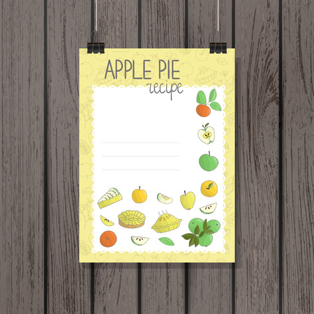 Apple pie recipe or banner in doodle style. Fruit vector illustration on dark brown wooden background. Mock up on wood boardsのイラスト素材