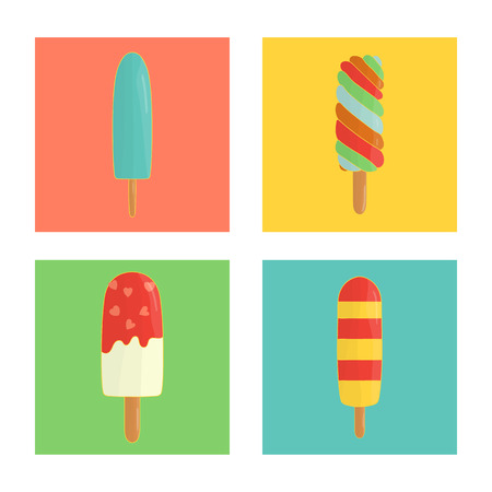 Vector set of colorful ice-cream. Colored ice on blue, green, yellow, pink background. Bright and cheerful illustration of cold summer dessert in colorful blocksのイラスト素材