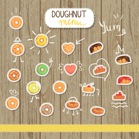 Vector doughnut illustration in cartoon style. Bright and cute illustrations of donut. Cute stickers for cafe menu or stationery. Fresh pastry labels on natural wooden backgroundのイラスト素材