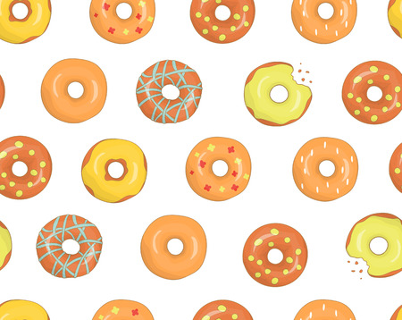 Vector seamless pattern of colorful doughnuts. Bright donuts background. Sweet bakery goods. Drawing of cakes with glazing and sprinkles isolated on white backgroundのイラスト素材
