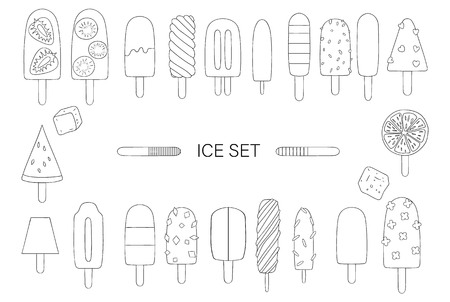Vector illustration of black and white ice-cream. Bright ice set. Cheerful collection of sweet summer dessert. Drawing of ice isolated on beige backgroundのイラスト素材