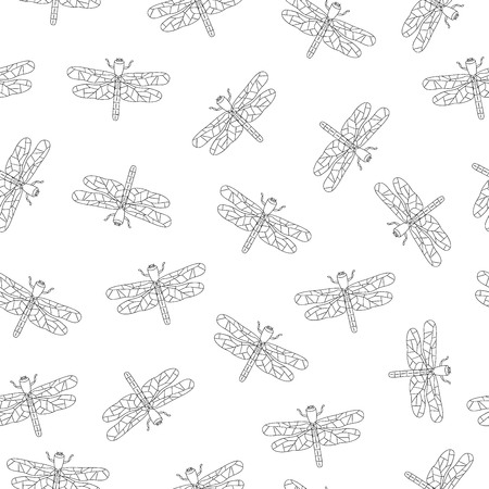Vector seamless pattern of black and white insects. Repeat background with isolated monochrome dragonfly. Good for clothes for teenagers, stationery, wallpaper and gift paper. Cartoon style.のイラスト素材