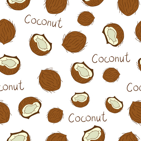Vector seamless pattern of colored nuts. Repeat background with isolated bright coconuts. Food texture in cartoon or doodle styleのイラスト素材