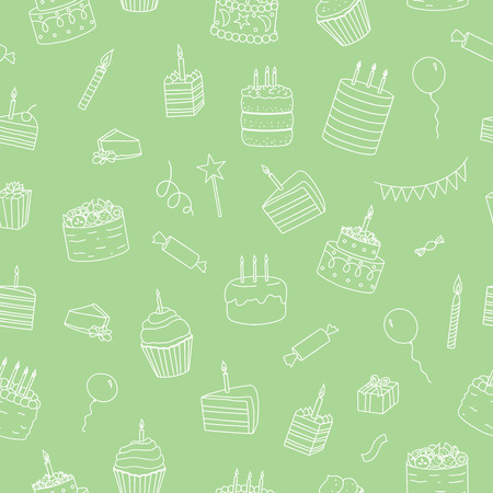 Vector seamless pattern of white cakes with candles. Birthday repeat backdrop. Monochrome repeat texture of sweet bakery goods. Bright drawing of Birthday cakes, candies, balloons, presents, confettiのイラスト素材