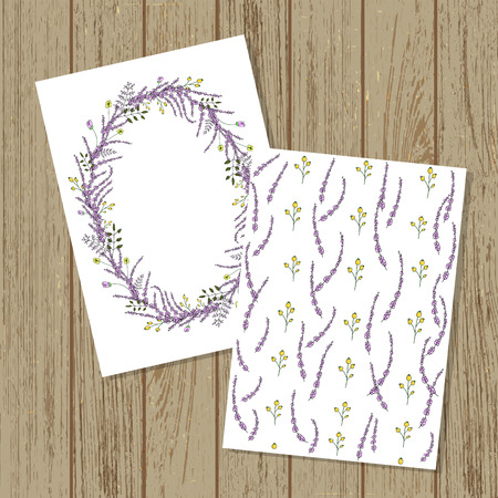 Vector floral invitation or banner in cartoon style. Mock up on wood boards. Vector wreath and pattern of garden flowers and herbs on wooden background. Cute summer or spring frame template for wedding, holiday or card designのイラスト素材