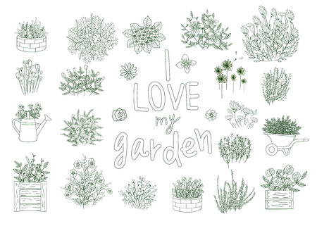 Vector set of black and white garden tools, flowers, herbs, plants. Monochrome  pack of spade, shovel, rakes, wheel barrow, watering can, shears, lawn mower, hose, trowel, hand fork, flower bed. Cartoon styleのイラスト素材