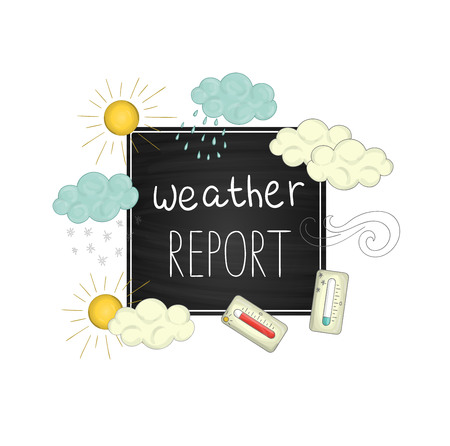 Vector weather report illustration.  Cute doodle style picture of sun, wind, rain, snow, clouds, hot and cold temperatureのイラスト素材