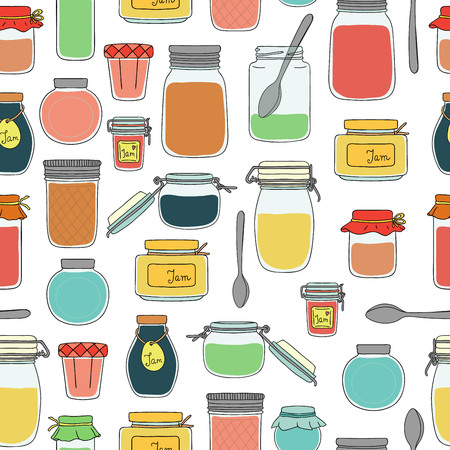 Vector seamless pattern of colored jam jars. Colorful vintage repeat background with preserved food in pots.のイラスト素材