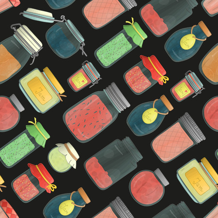Vector seamless pattern of colored jam jars. Colorful vintage repeat background with preserved food in pots isolated on black background.  Watercolor effect.のイラスト素材
