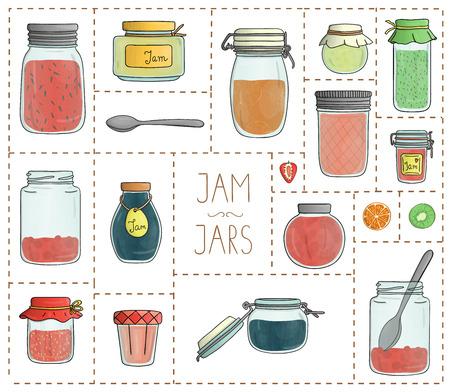Vector set of colored jam jars isolated on white background. Colorful collection of preserved food in potsのイラスト素材