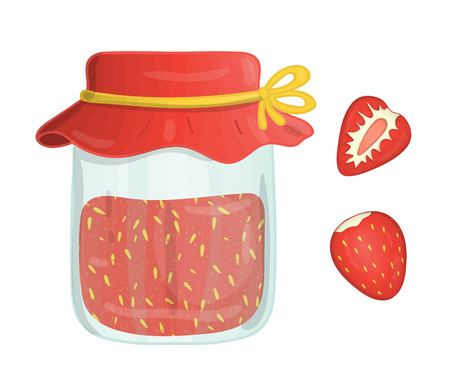 Vector illustration of colored jar with strawberry jam. Strawberry, pot with marmalade isolated on white background. Watercolor effect.のイラスト素材