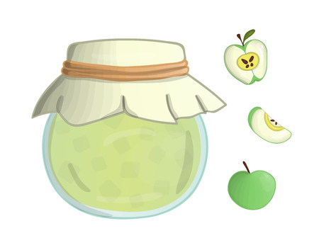 Vector illustration of colored jar with apple jam. Apples, pot with marmalade isolated on white background. Watercolor effect.のイラスト素材