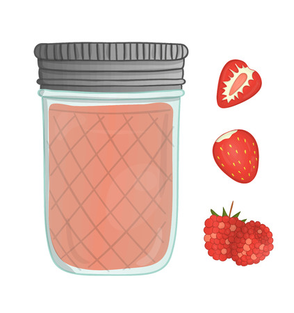 Vector illustration of colored jar with berry jam. Raspberry, strawberry, cherry, pot with marmalade isolated on white background. Watercolor effect.のイラスト素材