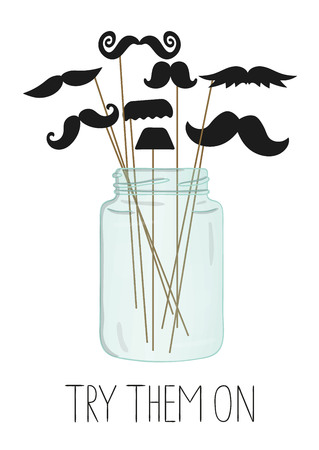 Vector illustration of moustache on stick in a glass jar. . Illustration for prostate cancer awareness event or masculine design. Moustache season poster. Photo booth props pictureのイラスト素材