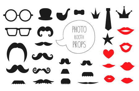 Vector set of photo booth props. Illustration of moustache, glasses, lips, heart, crown, pipe, speech bubble, hat, tie for holiday or party. Moustache season poster. Photo booth props pictureのイラスト素材