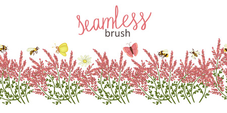 Vector  border brush with wild flowers and insects. Repeat border pattern with heather, camomile butterfly, moth, bumblebee, bee in cartoon style.のイラスト素材