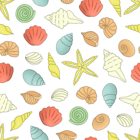 Vector colored seamless pattern of sea shells. Colorful repeating marine background. Underwater illustrationのイラスト素材