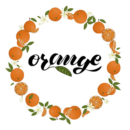 Vector wreath of oranges with lettering. Hand drawn cartoon style illustration. Cute frame with citrus fruit, leaves, flowers, twigs. Fresh food illustration for natural organic food or card designのイラスト素材