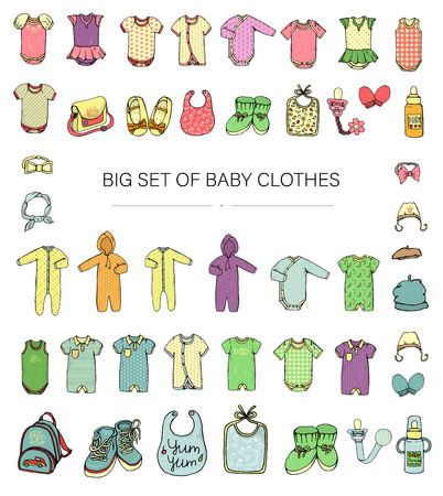 Vector illustration of baby clothes. Baby boy and girl clothes set. Children fashion set. Stylish clothes and accessories for kids isolated on white backgroundのイラスト素材