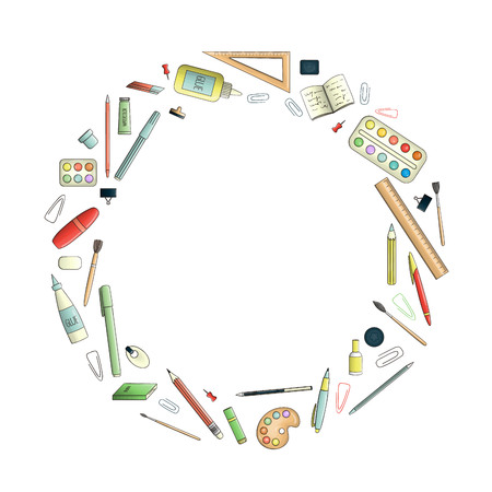 Vector colored stationery, office or school supplies framed in circle. Template for banner with isolated pen, pencil, ruler, glue, paint, brush, pushpin, binder, paper clip, eraser, stampのイラスト素材