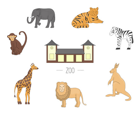 Vector illustration zoo animals isolated on white background. Colored set of giraffe, tiger, elephant, lion, zebra, monkey, kangaroo. Picture of zoo for children.のイラスト素材