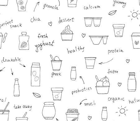 Vector seamless pattern of different kinds of yoghurt. Hand drawn repeating background of organic fresh dairy products with text. Natural food line drawing collection.のイラスト素材