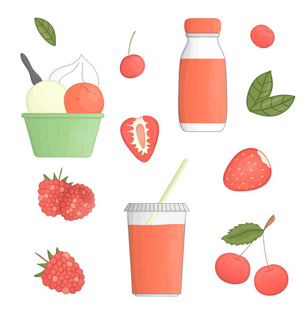 Vector yoghurt and fruit illustration. Set of drinkable  and frozen yoghurt with berries. Fresh organic diary products with cherry, strawberry, raspberry.のイラスト素材