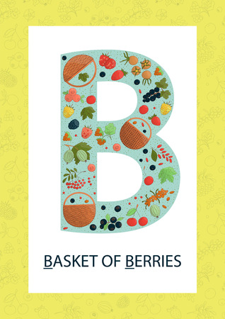 Colorful alphabet letter B. Phonics flashcard. Cute letter B for teaching reading with cartoon style berries and baskets.のイラスト素材