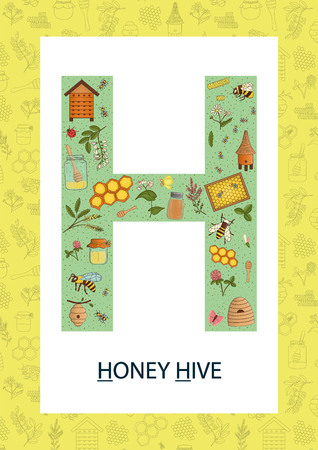 Colorful alphabet letter H. Phonics flashcard. Cute letter H for teaching reading with cartoon style honey, beehive, flowers, hive, bee, bumblebee, insects.のイラスト素材