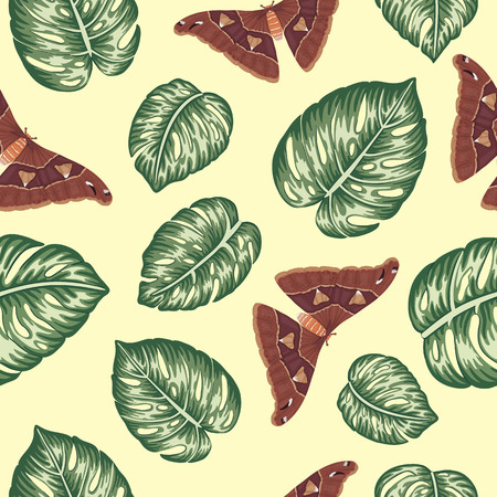 Vector seamless pattern of green monstera leaves with butterflies on yellow background. Vintage repeat tropical backdrop. Exotic jungle wallpaper.のイラスト素材