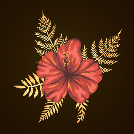 Vector tropical composition of hibiscus flowers with golden textured leaves on black background. Bright realistic watercolor style exotic design elements.のイラスト素材