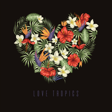 Vector composition of green tropical leaves with plumeria, strelitzia and hibiscus flowers framed in heart shape on black background. Summer or spring tropical background. Exotic jungle designのイラスト素材