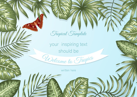 Vector frame template with tropical leaves and atlas moth on blue background. Horizontal layout card with place for text. Spring or summer design for invitation, wedding, party, promo eventsのイラスト素材