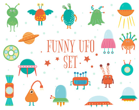 Vector set of cute aliens, UFO, flying saucer for children. Bright and funny flat illustration of smiling extraterrestrial creatures isolated on white backgroundのイラスト素材