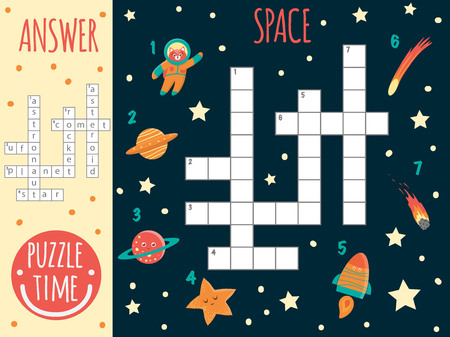 Vector space crossword. Bright and colorful quiz for children. Puzzle activity with ufo, planet, star, astronaut, comet, rocket, asteroidのイラスト素材