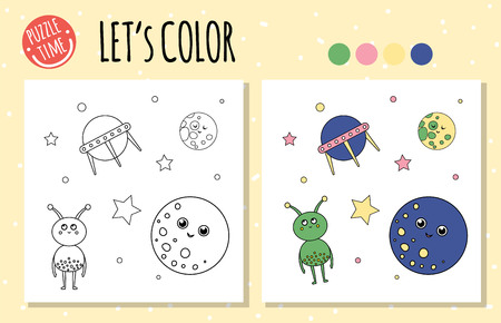 Coloring book with ufo, alien, planet. Space coloring page for children. Cute funny smiling charactersのイラスト素材