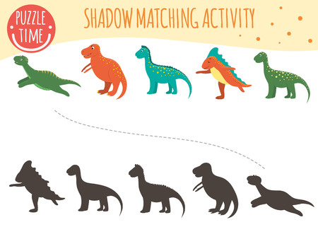 Shadow matching activity for children. Dinosaur topic. Cute funny smiling dinos.のイラスト素材