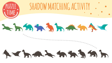 Shadow matching activity for children. Dinosaur topic. Cute funny smiling dinos.のイラスト素材