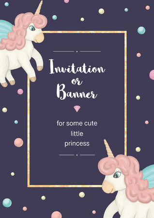 Vector vertical frame with colored unicorns. Card template for children event. Girlish cute invitation or banner designのイラスト素材