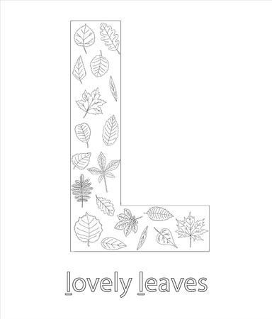 Black and white alphabet letter L. Phonics flashcard. Cute letter L for teaching reading with cartoon style leaves. Coloring page for children.のイラスト素材