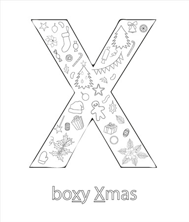 Black and white alphabet letter X. Phonics flashcard. Cute letter X for teaching reading with cartoon style Christmas tree, balls, gingerbread, garland, Santaâs hat, holly, poinsettia, cracker. Coloring page for children.のイラスト素材
