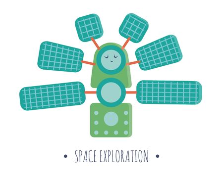 Vector space station illustration for children. Bright and cute flat picture of smiling technics isolated on white background. Space exploration concept.のイラスト素材
