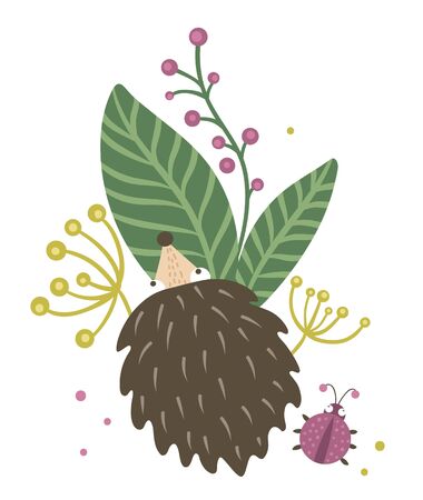 Vector hand drawn flat hedgehog with berries, leaves and ladybug clip art. Funny autumn scene with prickly animal having fun. Cute woodland animalistic illustration for childrenâs design, print, stationeryのイラスト素材