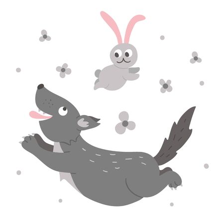 Vector hand drawn flat wolf running for hare. Funny hunt scene with woodland animal. Cute forest animalistic illustration for childrenâs design, print, stationeryのイラスト素材