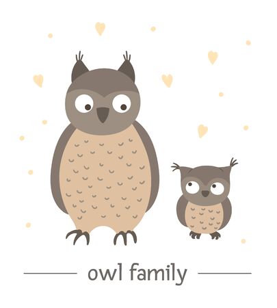 Vector hand drawn flat baby owl with parent. Funny woodland animal scene showing family love. Cute forest animalistic illustration for childrenâs design, print, stationeryのイラスト素材