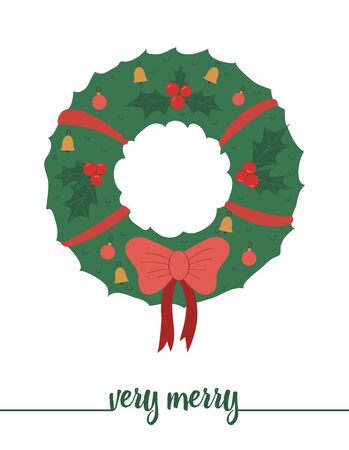 decorated wreath with red bow isolated on white background. Cute funny illustration of new year symbol. Christmas flat style traditional picture for decorations or design.のイラスト素材