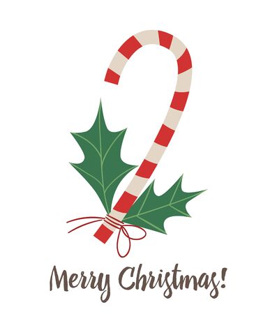 Vector candy cane with holly leaves isolated on white background. Cute funny illustration of new year symbol. Christmas flat style picture for decorations or design.
のイラスト素材
