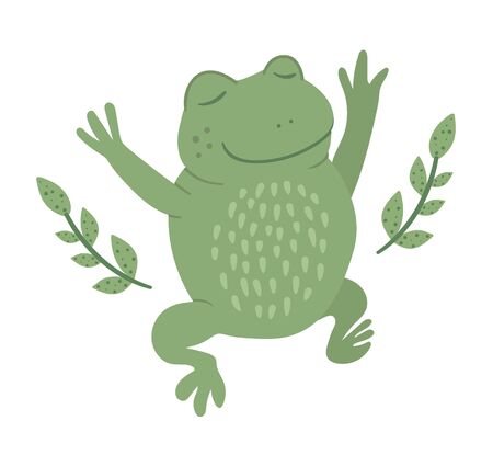 Vector cartoon style flat funny frog with twigs isolated on white background. Cute illustration of woodland swamp animal. Jumping amphibian icon for childrenâs design.
のイラスト素材