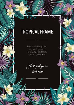Vector frame template with tropical white and purple leaves and flowers on black background. Vertical layout card with place for text. Spring or summer design for invitation, wedding, partyのイラスト素材